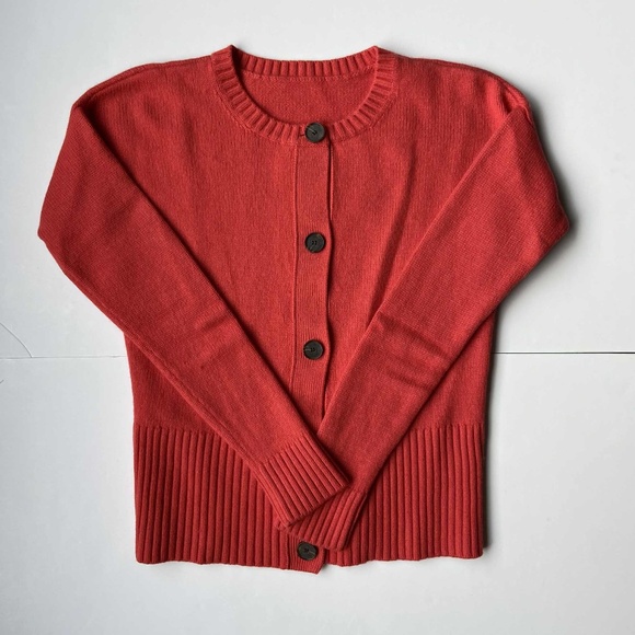 CORAL RED WOOL KNIT CARDIGAN BUTTON UP SWEATER COTTAGECORE COASTAL ACADEMIC - Picture 4 of 7